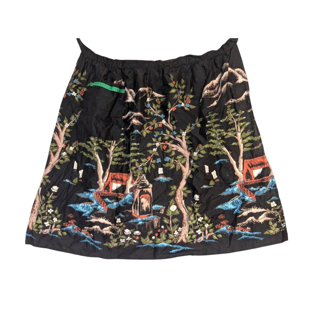 Vintage Handmade Black Apron With Colorful Pagoda Print